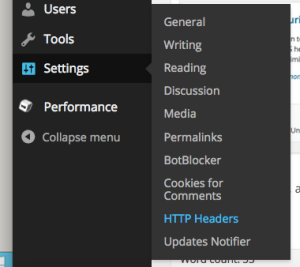 HTTP Headers menu added by Security Headers WordPress Plugin